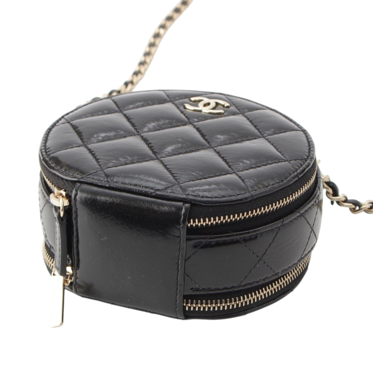 Chanel Quilted Glazed Lambskin Handle With Care Round Vanity Case with Chain
