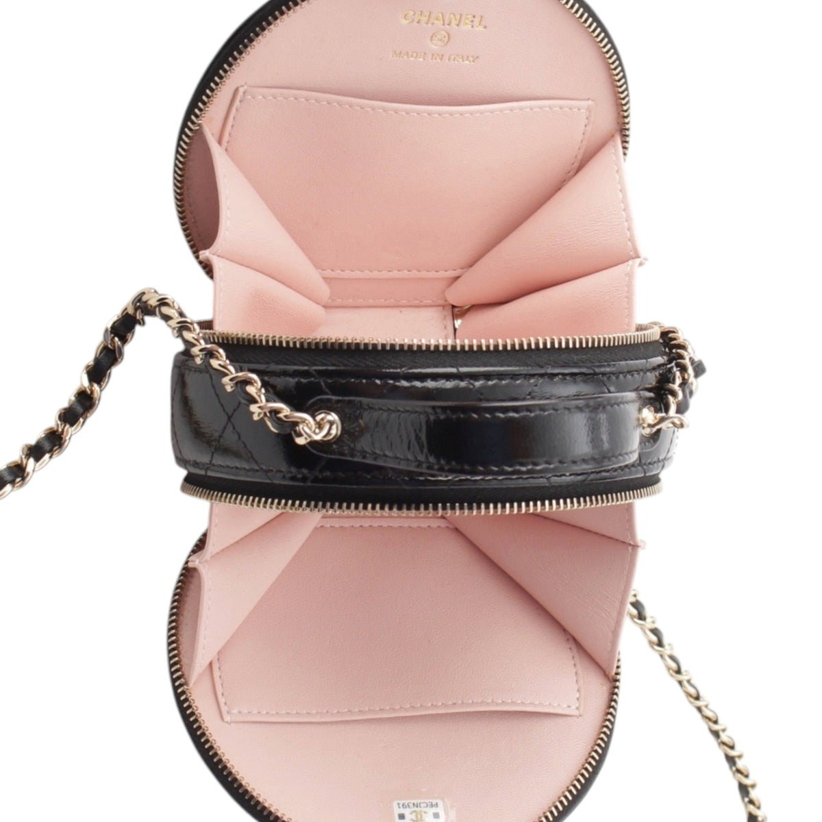 Chanel Quilted Glazed Lambskin Handle With Care Round Vanity Case with Chain