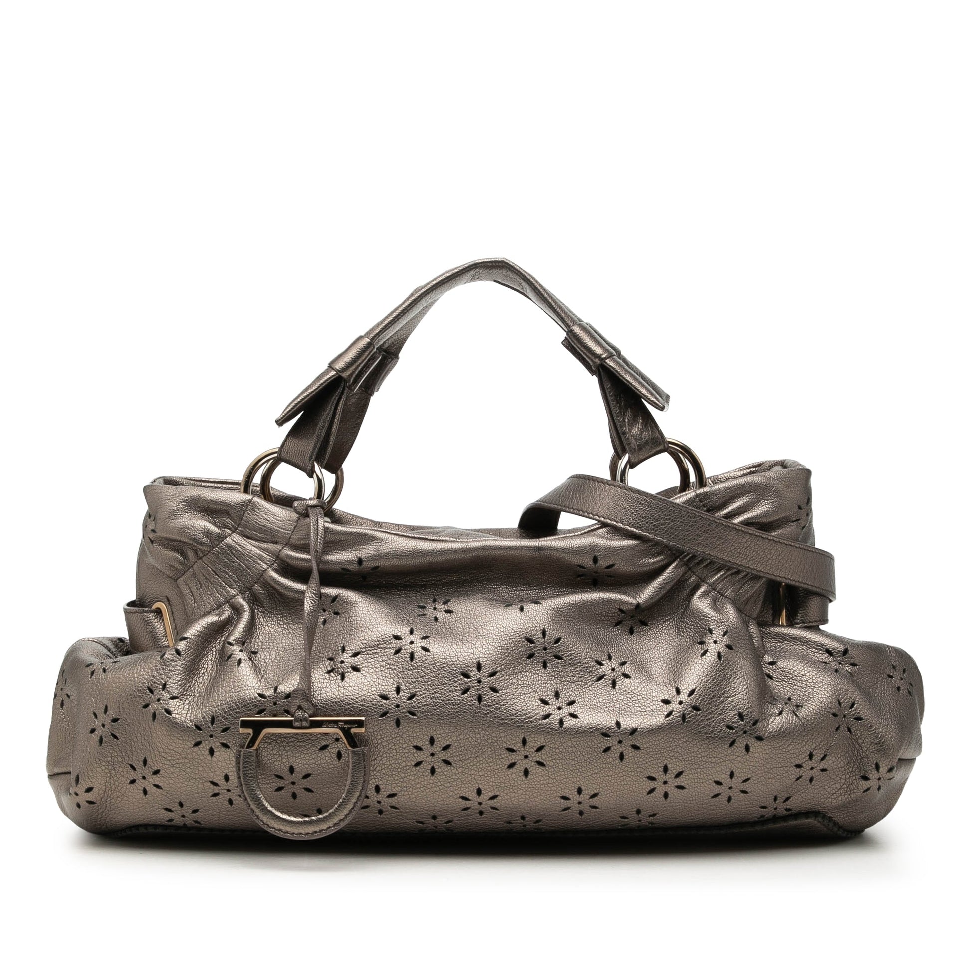 Ferragamo Perforated Metallic Calfskin Gancini Satchel