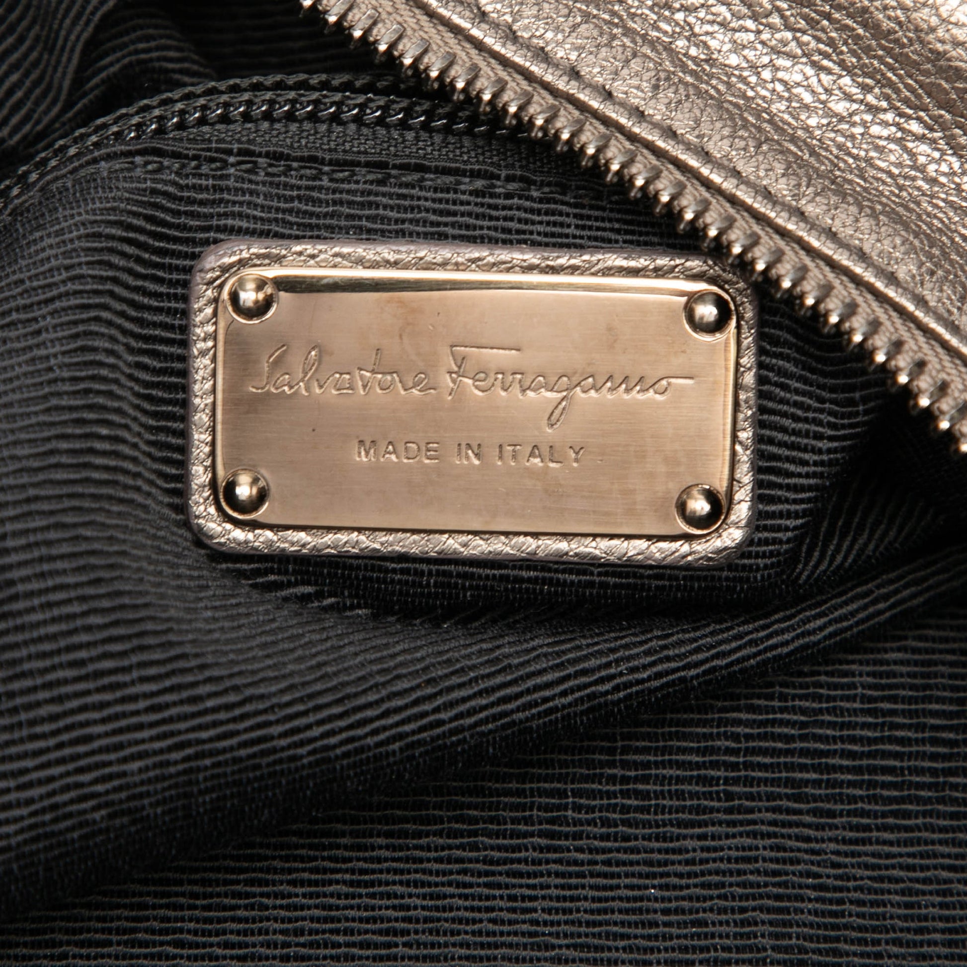 Ferragamo Perforated Metallic Calfskin Gancini Satchel