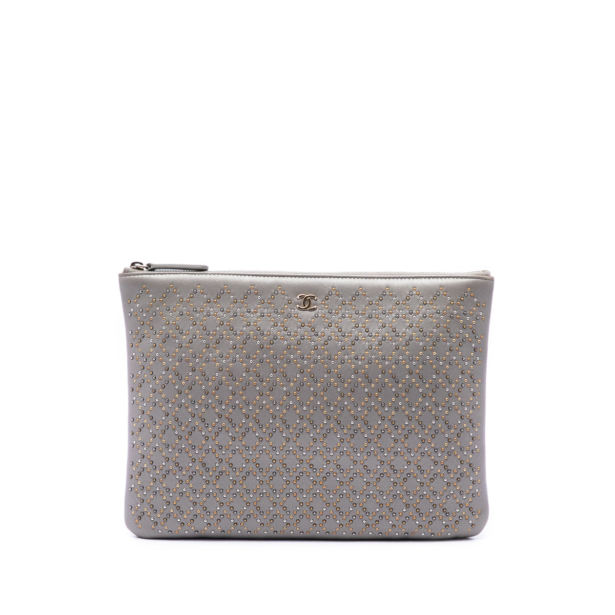 Chanel Medium Studded Lambskin O Case Clutch — Gray