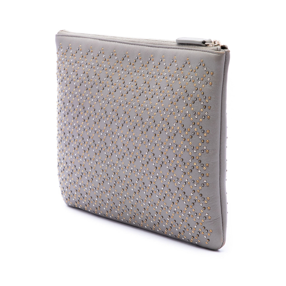 Chanel Medium Studded Lambskin O Case Clutch — Gray