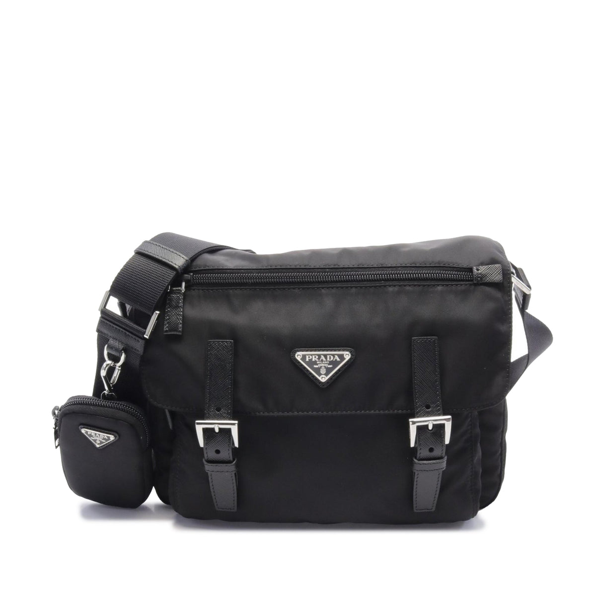 Prada Saffiano Trimmed Tessuto Zip Double Buckle Messenger Bag