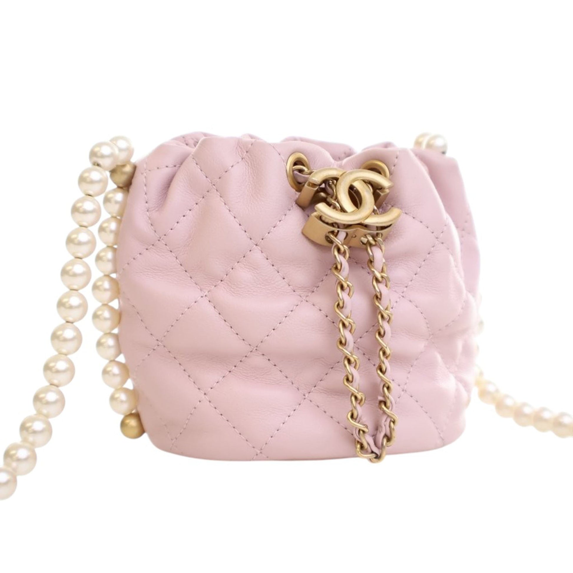 Chanel Mini Quilted Calfskin About Pearls Drawstring Bucket Bag