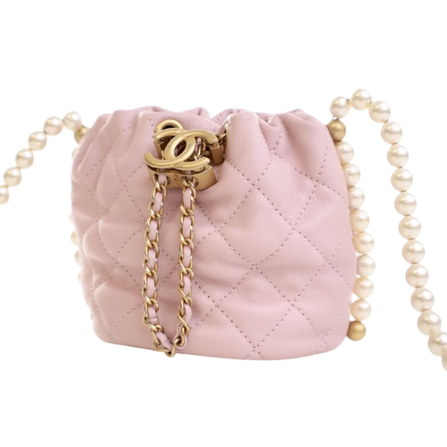 Chanel Mini Quilted Calfskin About Pearls Drawstring Bucket Bag