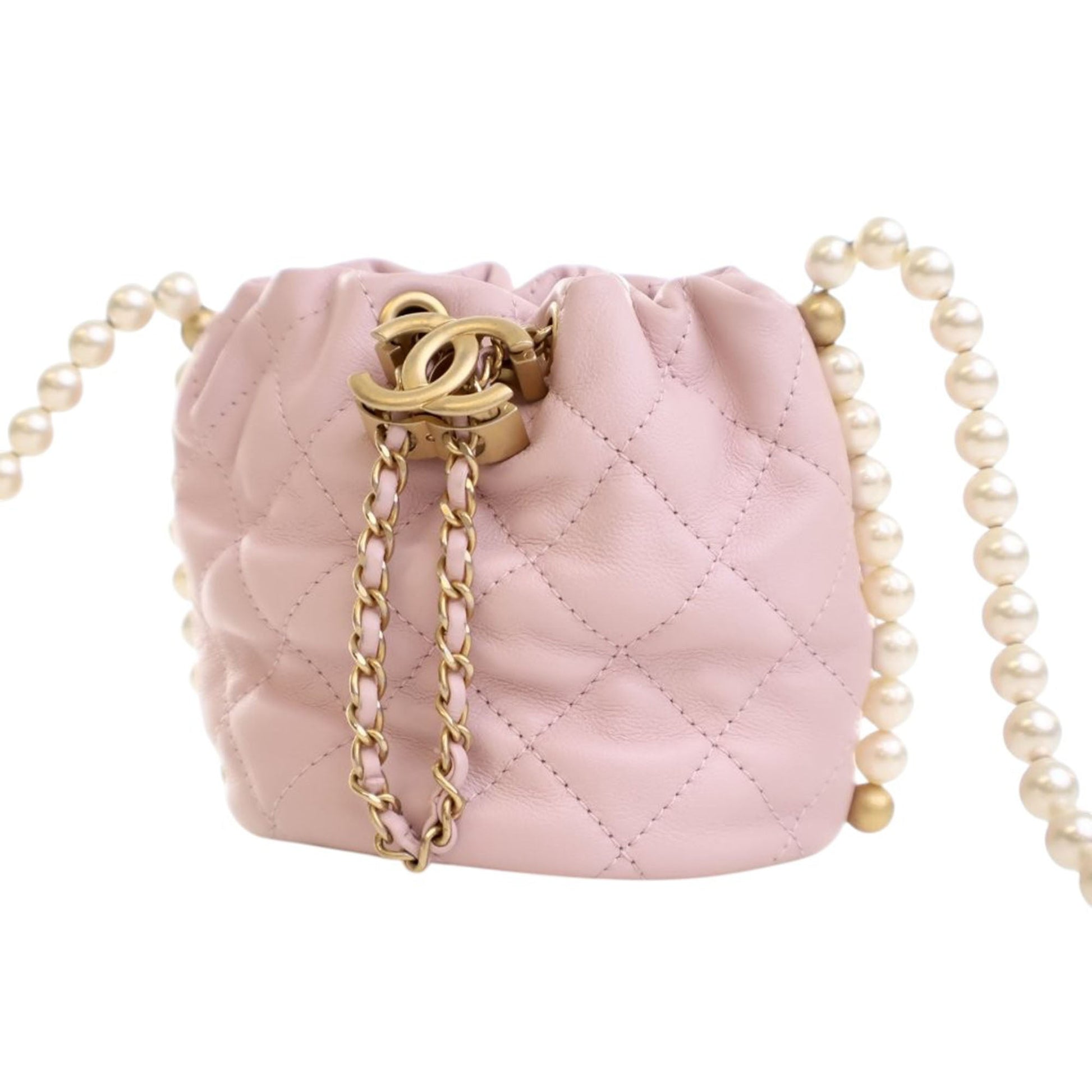 Chanel Mini Quilted Calfskin About Pearls Drawstring Bucket Bag