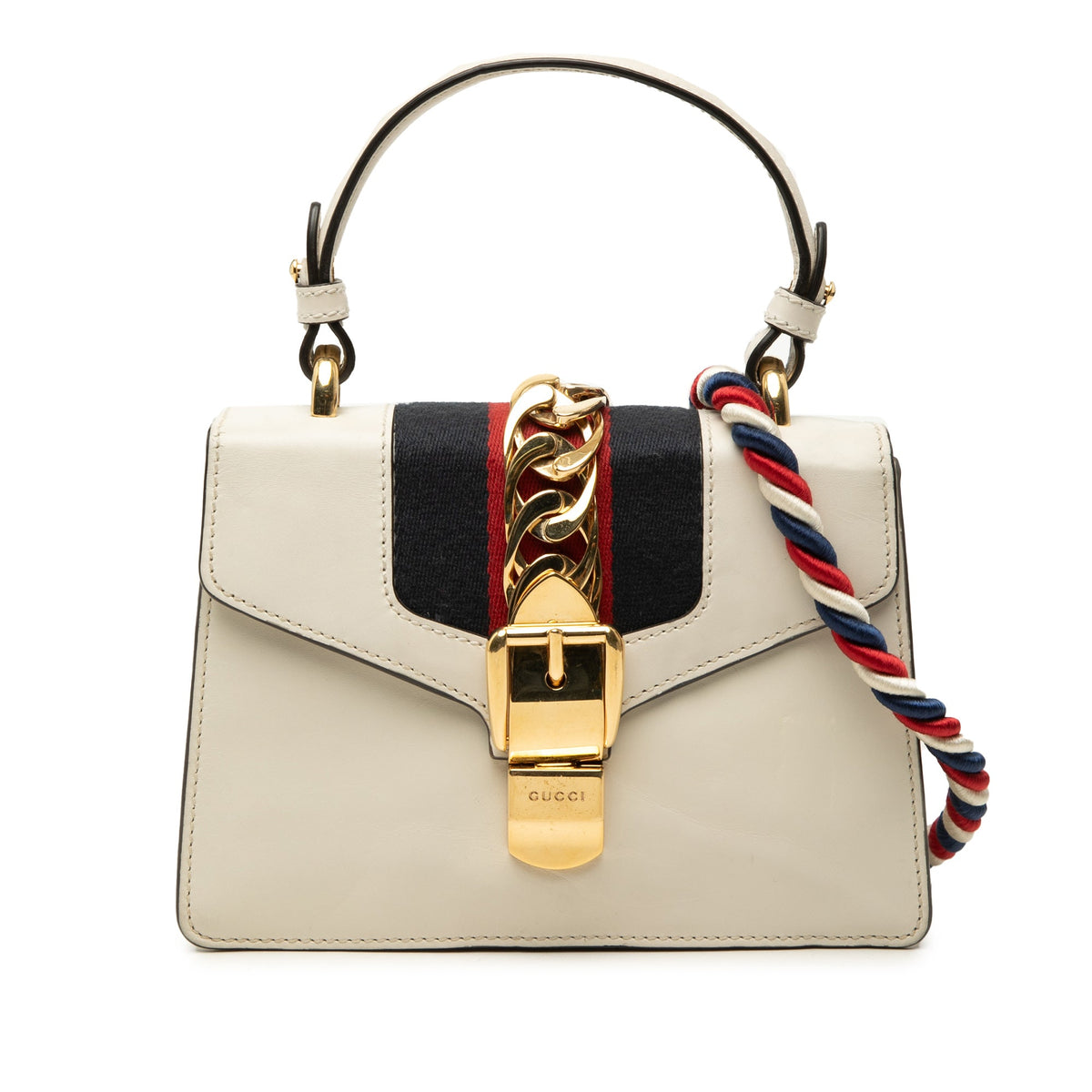 Gucci Mini Calfskin Web Sylvie Top Handle Bag — White