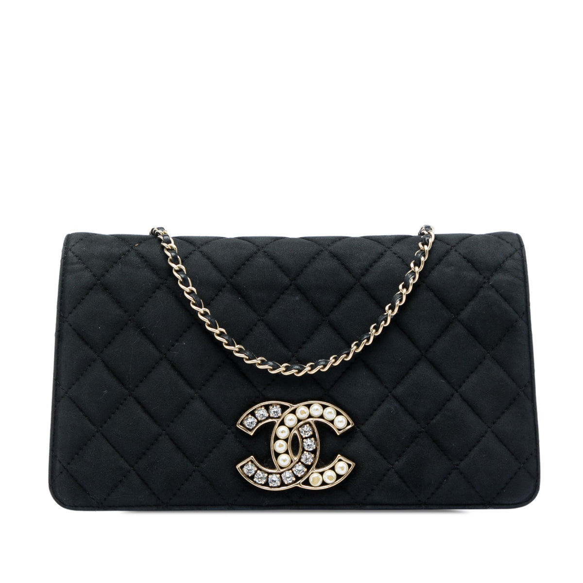 Chanel Quilted Suede Faux Pearl And Crystal CC Chain Flap — Black