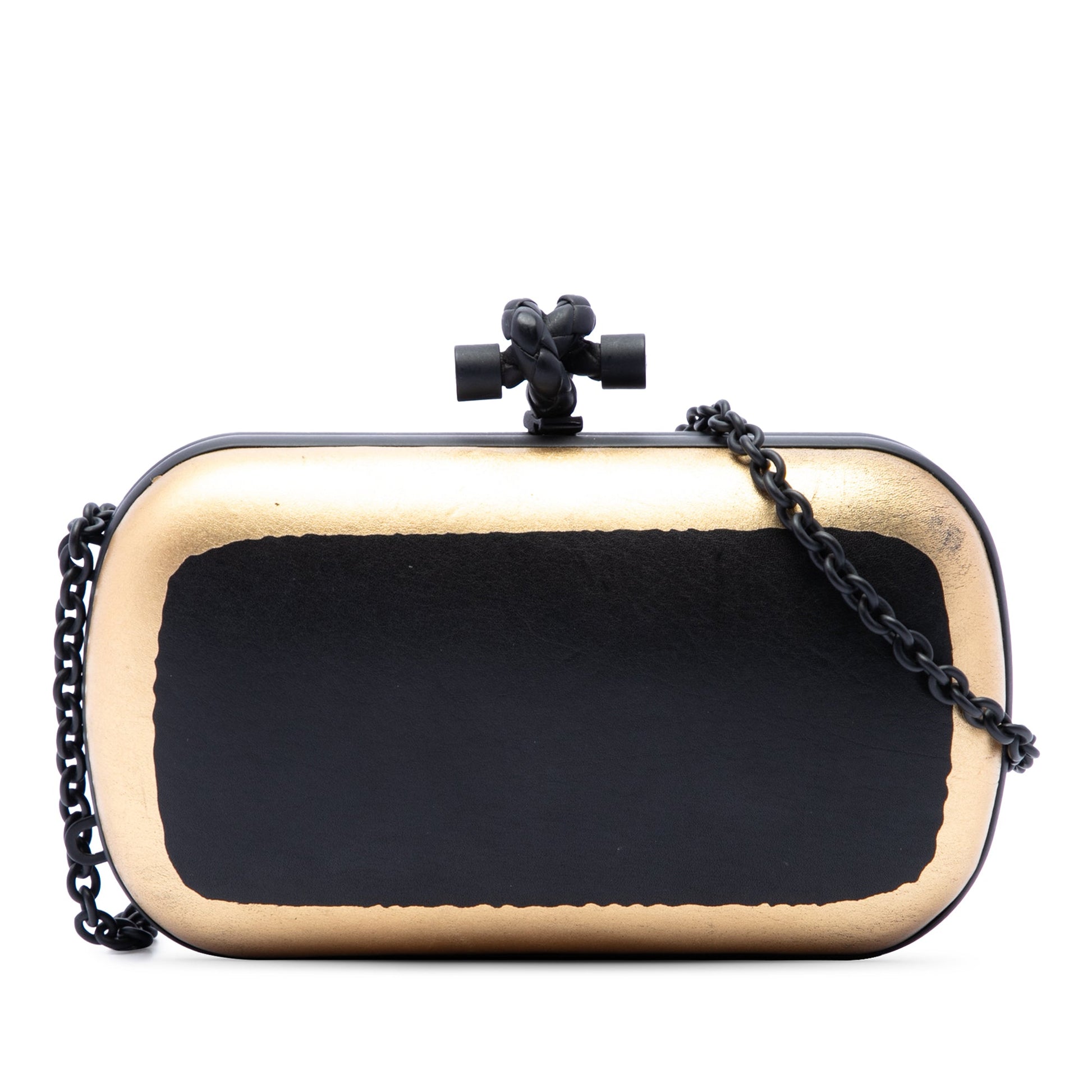 Bottega Veneta Bicolor Gilded Waxed Leather Knot Clutch with Chain