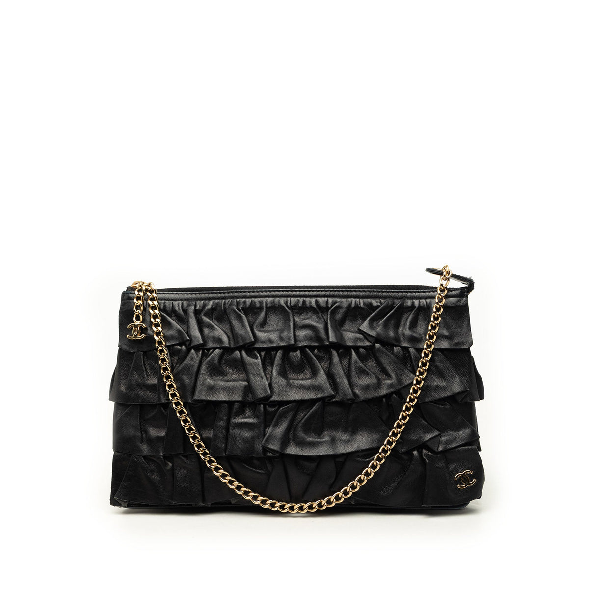 Chanel CC Lambskin Ruffled Clutch On Chain