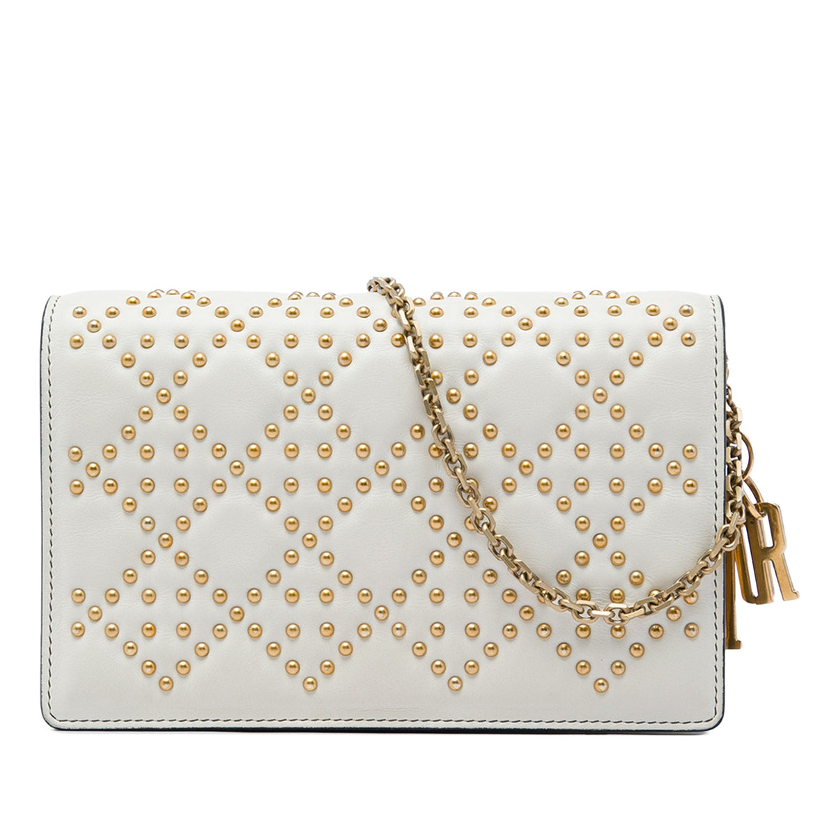 Dior Studded Calfskin Cannage Lady Dior Wallet on Chain — White