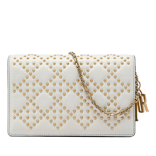 Dior Studded Calfskin Cannage Lady Dior Wallet on Chain — White