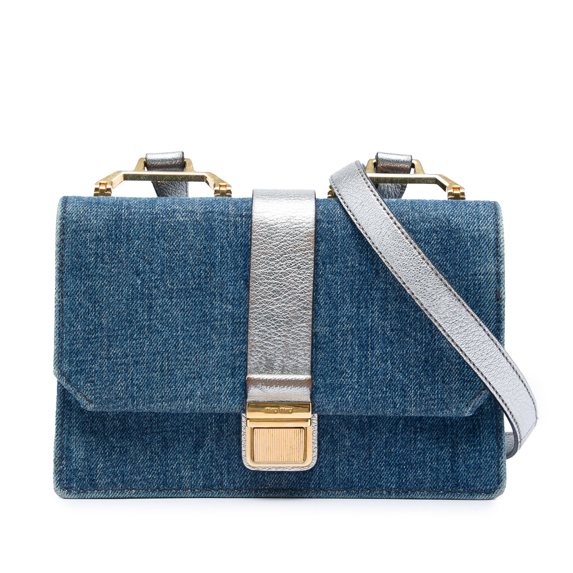 Miu Miu Denim Metallic Goatskin Madras Flap Crossbody
