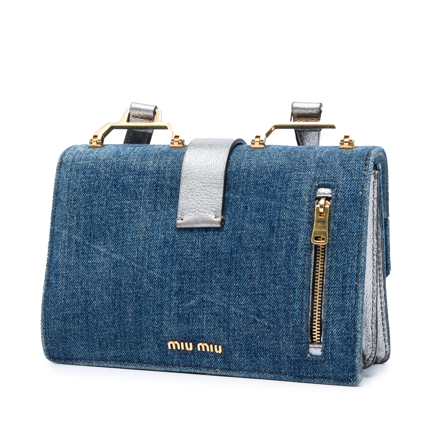 Miu Miu Denim Metallic Goatskin Madras Flap Crossbody