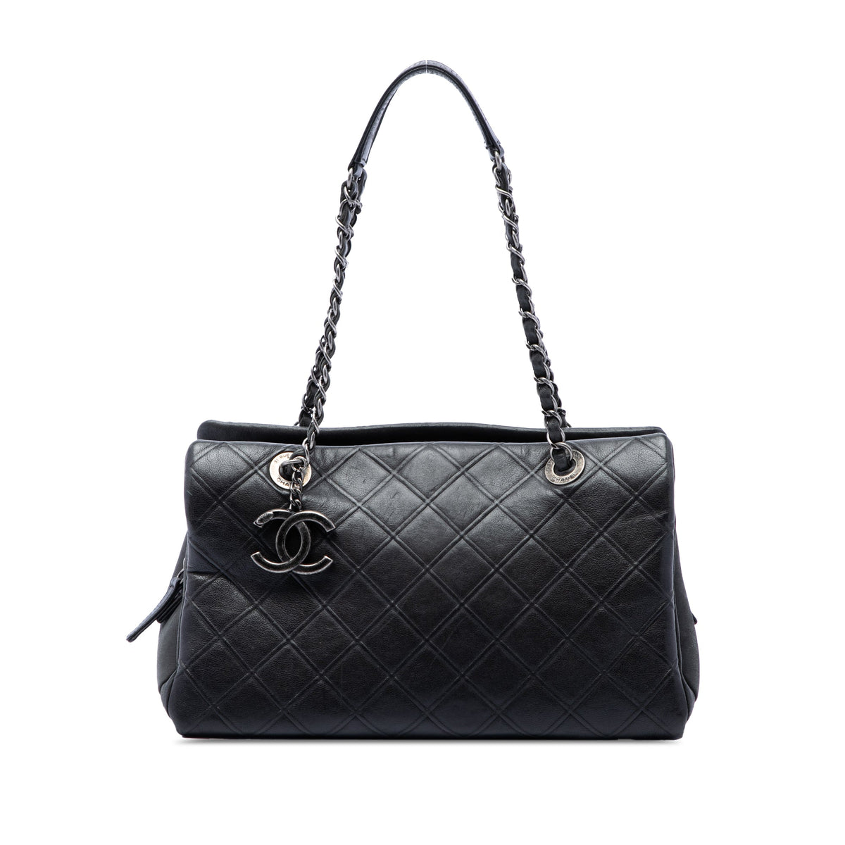 Chanel Large CC Diamond Embossed Calfskin Zip Shopping Tote — Black