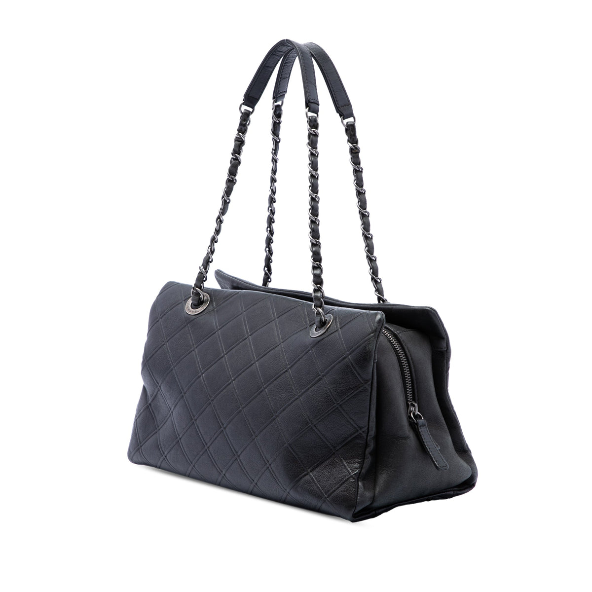 Chanel Large CC Diamond Embossed Calfskin Zip Shopping Tote — Black
