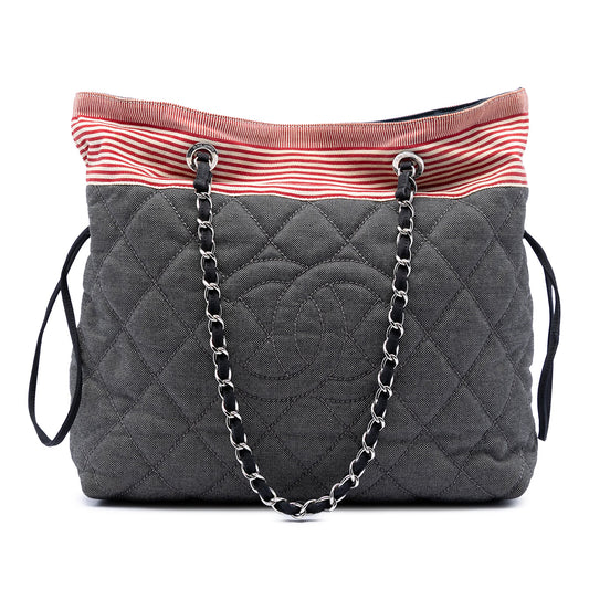 Chanel CC Quilted Denim Grosgrain Drawstring Tote