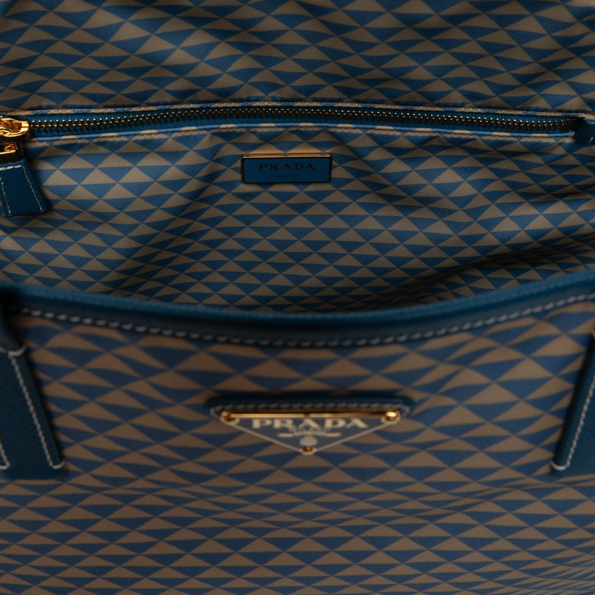 Prada Saffiano Trimmed Tessuto Symbole Triangolo Tote — Blue