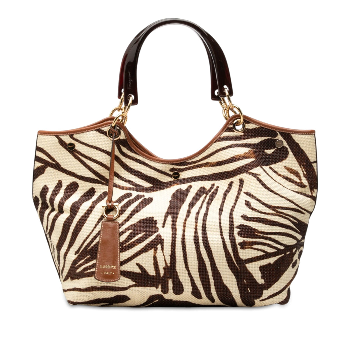 Ferragamo Zebra Printed Straw Shopper Tote — Brown