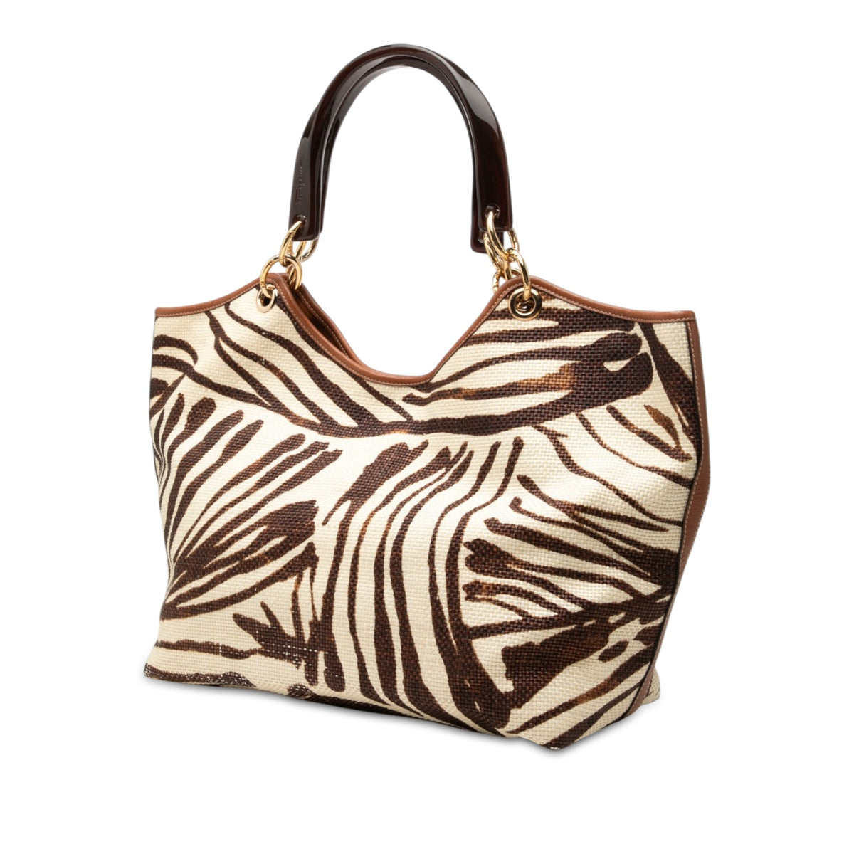 Ferragamo Zebra Printed Straw Shopper Tote — Brown