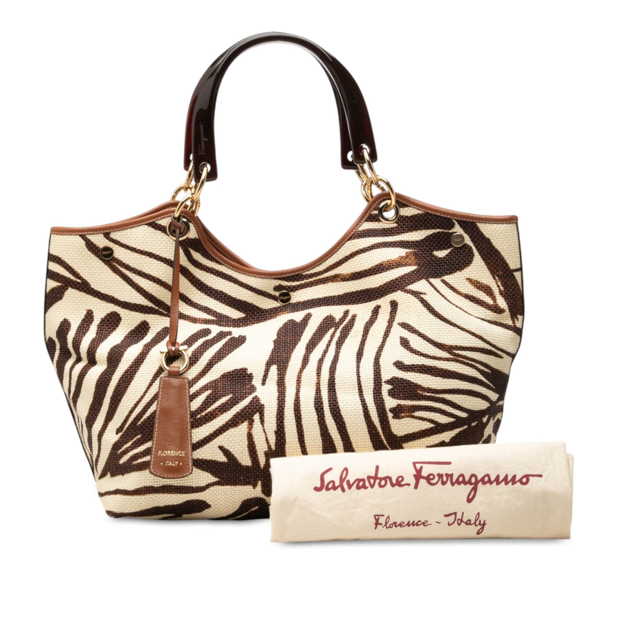 Ferragamo Zebra Printed Straw Shopper Tote — Brown