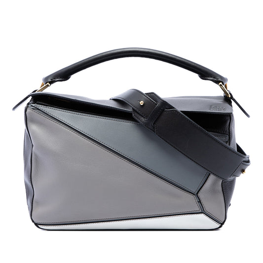 LOEWE Medium Tricolor Calfskin Puzzle Satchel — Gray