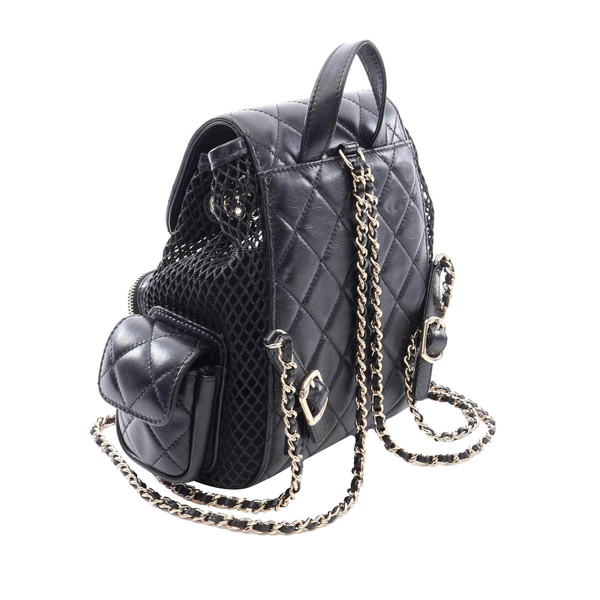 Chanel Small Quilted Shiny Lambskin and Mesh Cargo Duma Drawstring Backpack