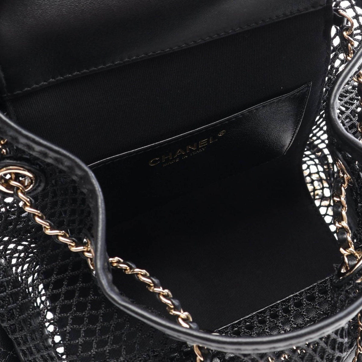 Chanel Small Quilted Shiny Lambskin and Mesh Cargo Duma Drawstring Backpack