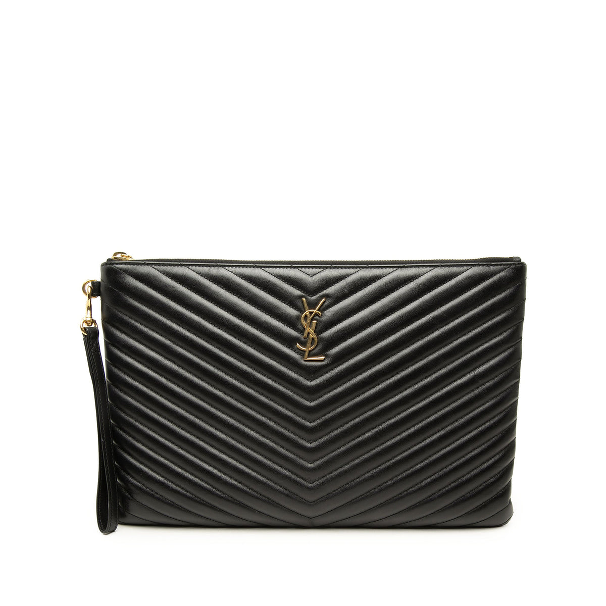Saint Laurent Chevron Leather Monogram Document Holder — Black