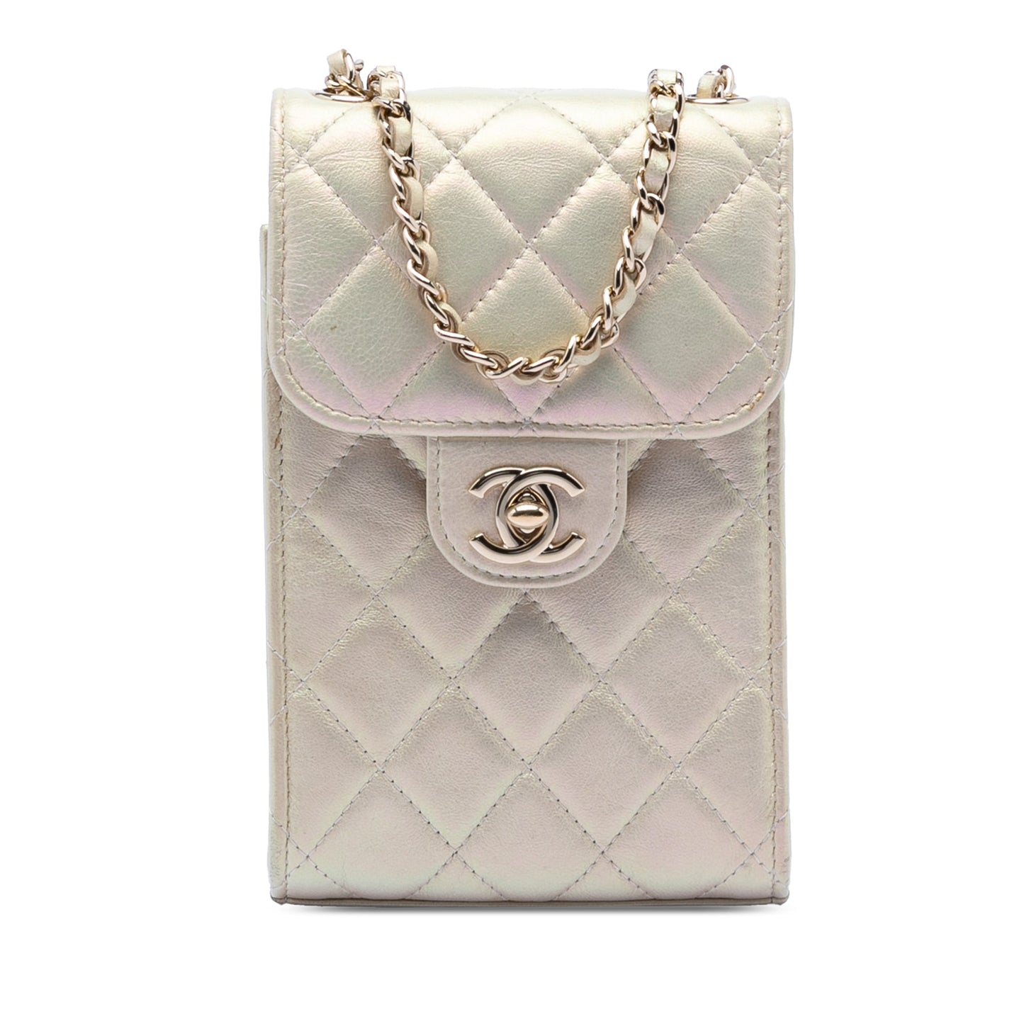 Chanel CC Quilted Iridescent Lambskin Phone Holder with Chain