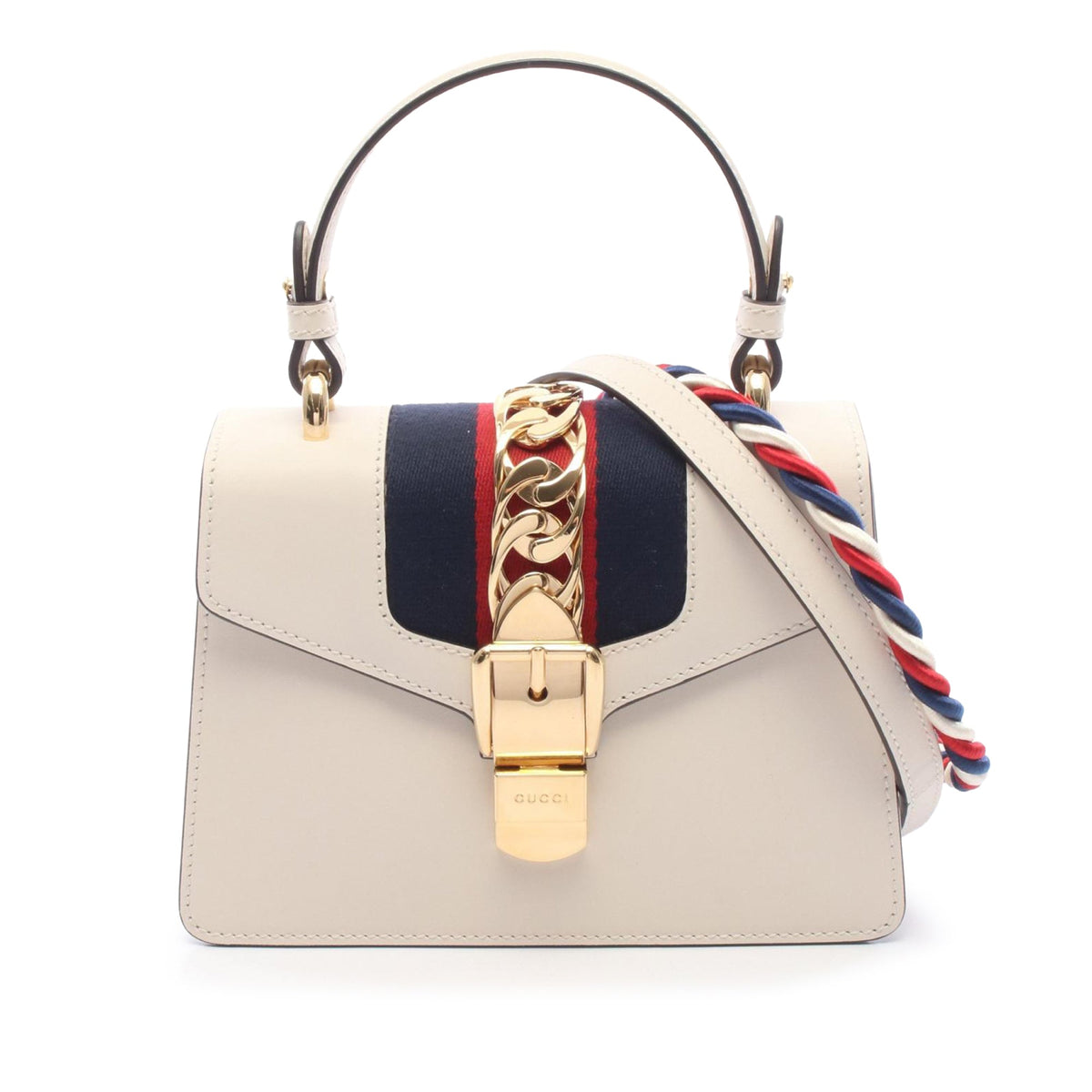 Gucci Mini Calfskin Web Sylvie Top Handle Bag — White