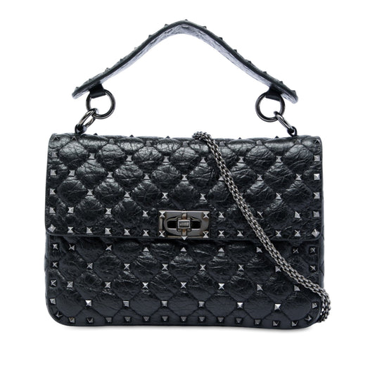 Valentino Medium Crinkled Nappa Rockstud Spike Satchel — Black