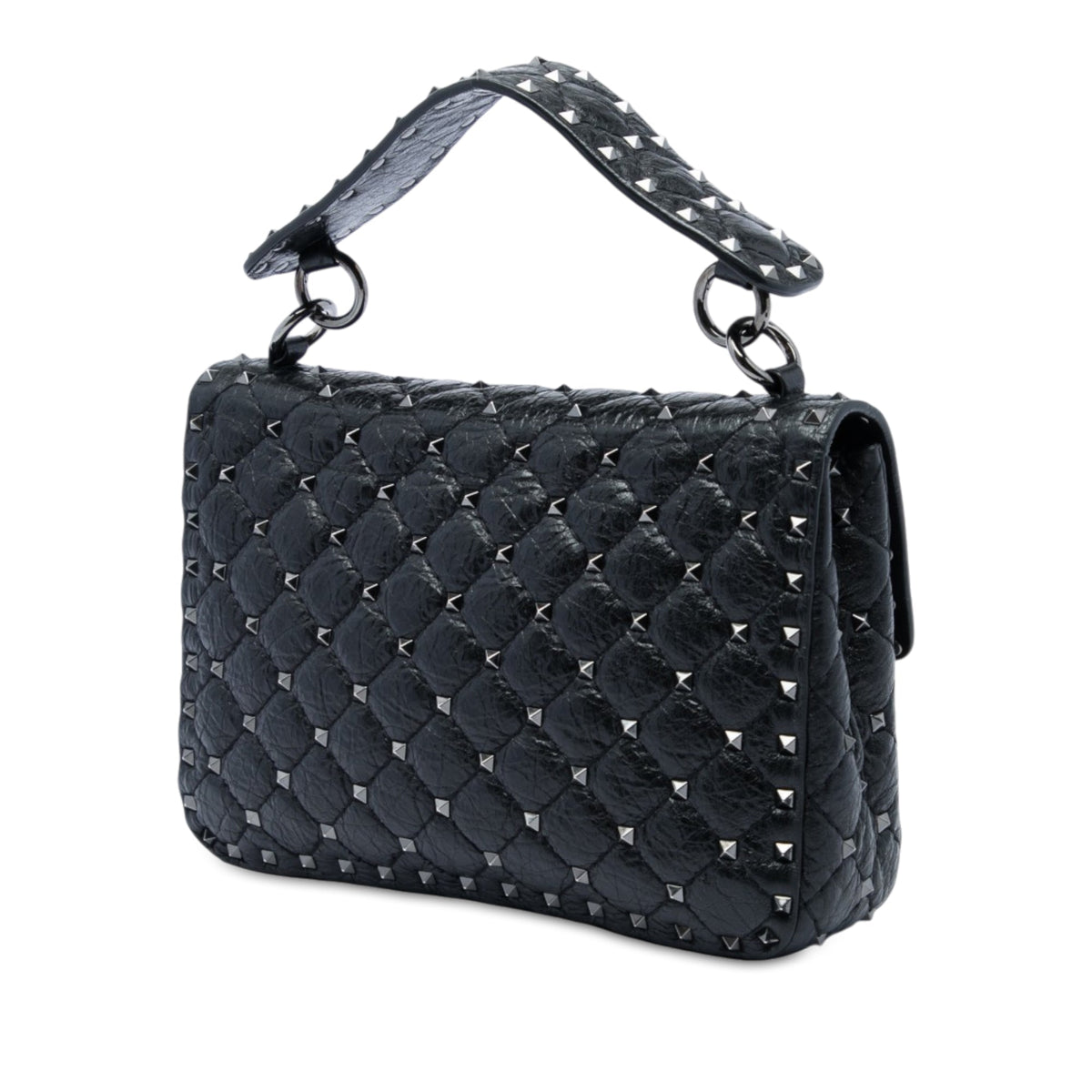 Valentino Medium Crinkled Nappa Rockstud Spike Satchel — Black