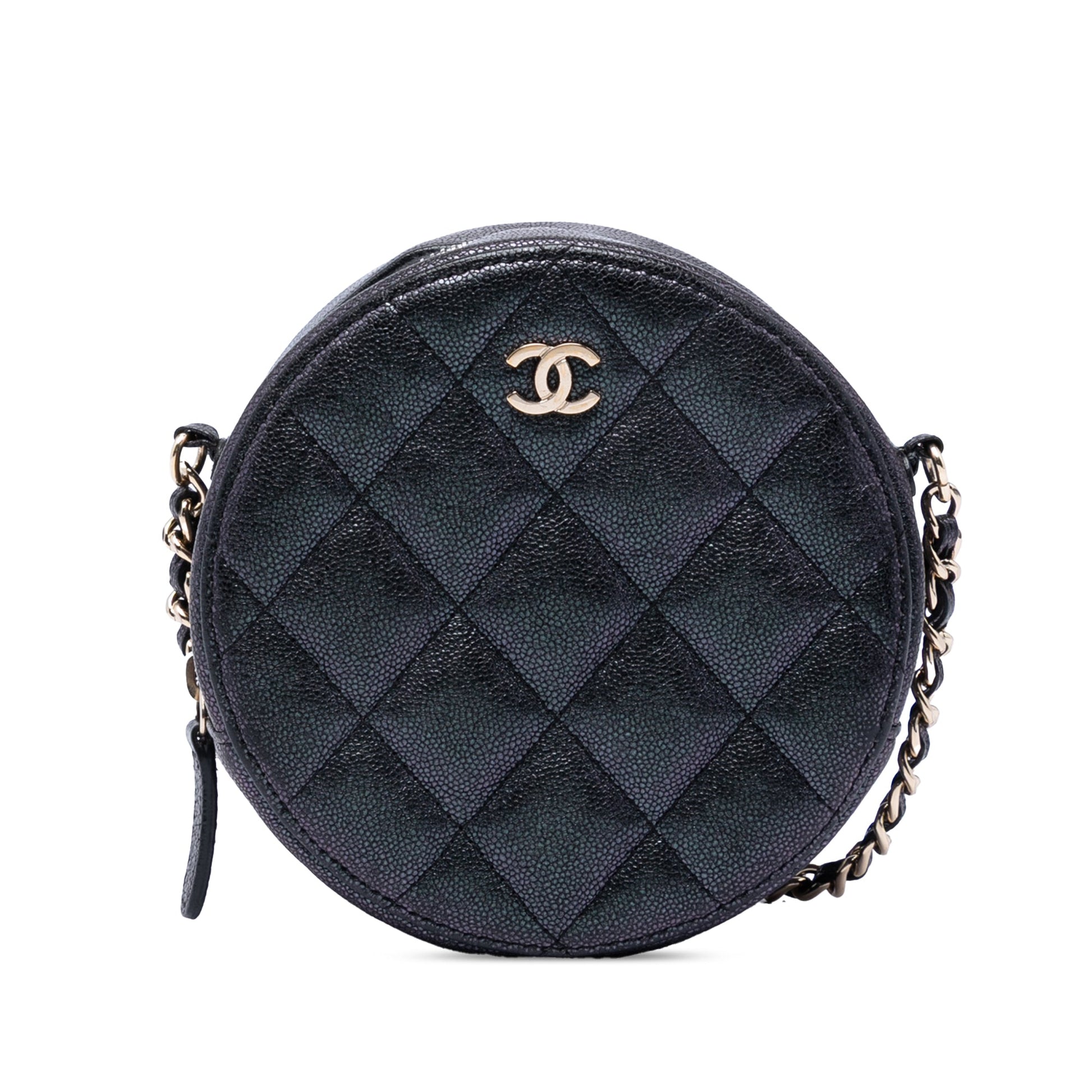 Chanel CC Quilted Iridescent Caviar Round Clutch With Chain
