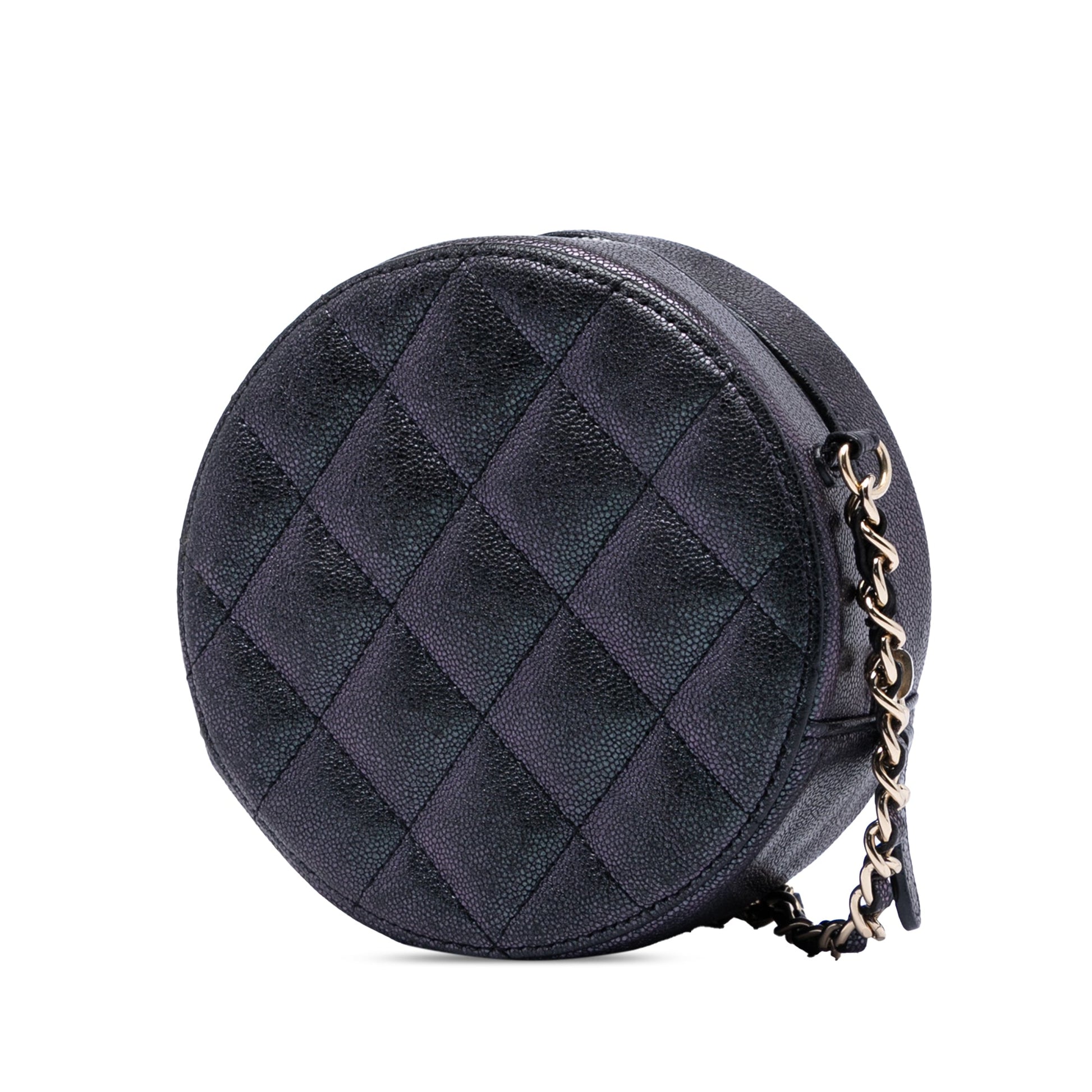 Chanel CC Quilted Iridescent Caviar Round Clutch With Chain