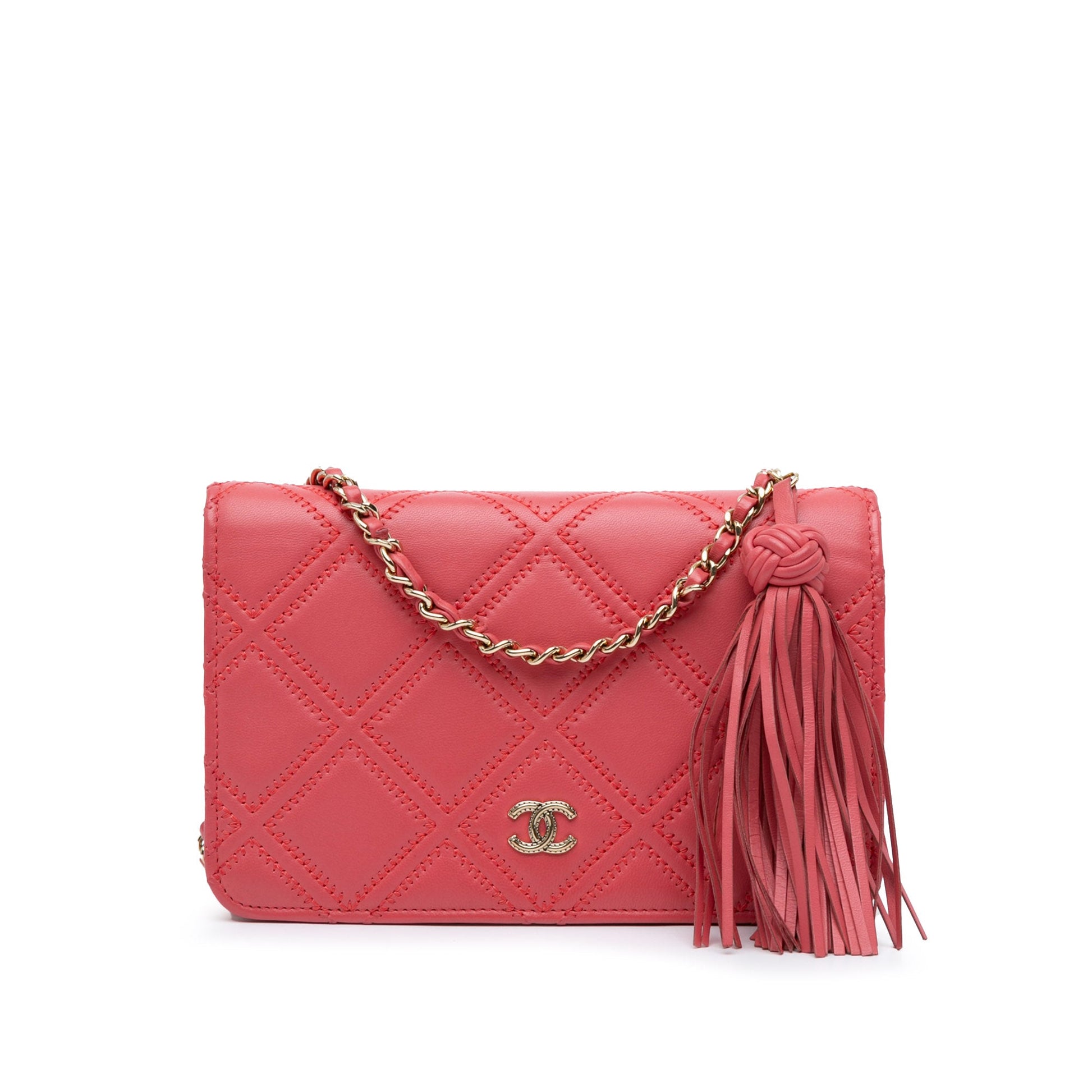 Chanel CC Quilted Lambskin Double Stitch Tassel Wallet On Chain