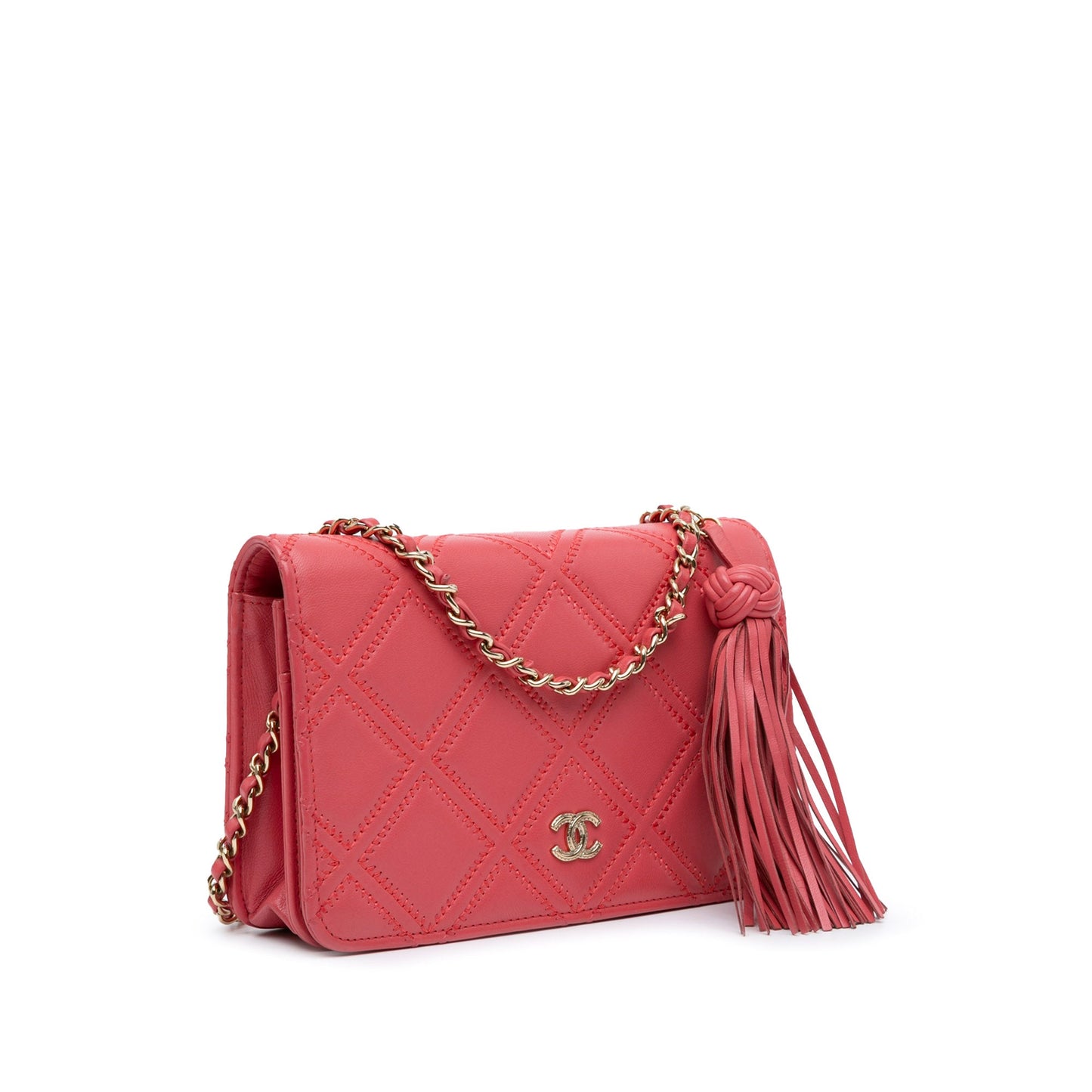 Chanel CC Quilted Lambskin Double Stitch Tassel Wallet On Chain