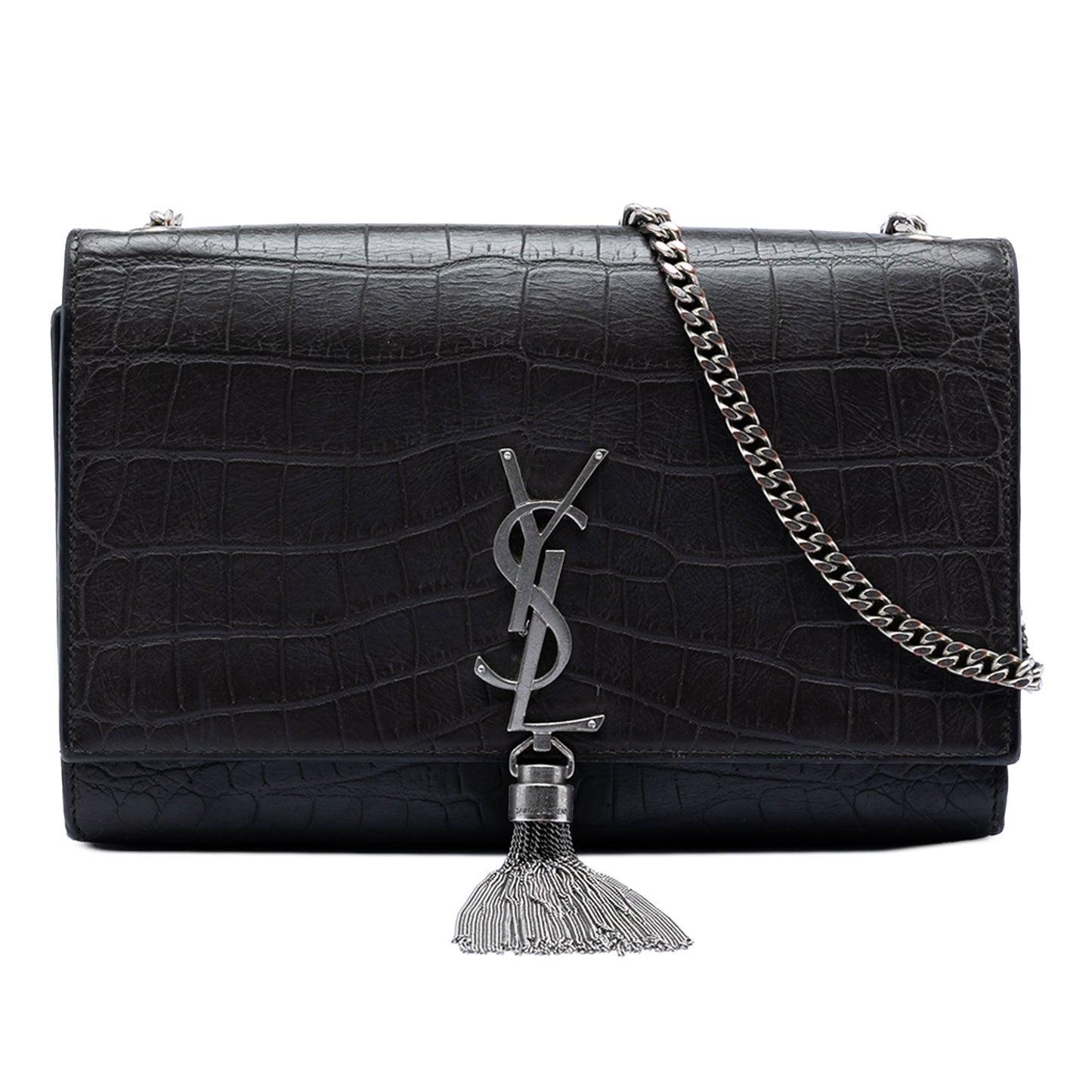 Saint Laurent Medium Croc Embossed Leather Kate Tassel Crossbody