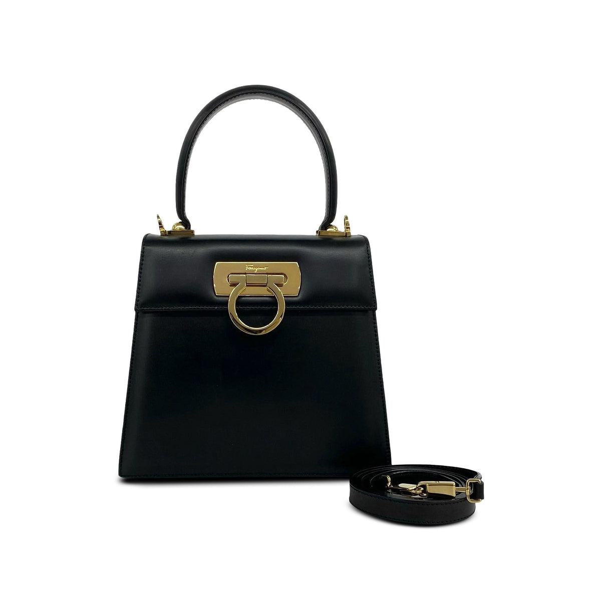 Ferragamo Small Leather Gancini Iconic Top Handle Bag — Black