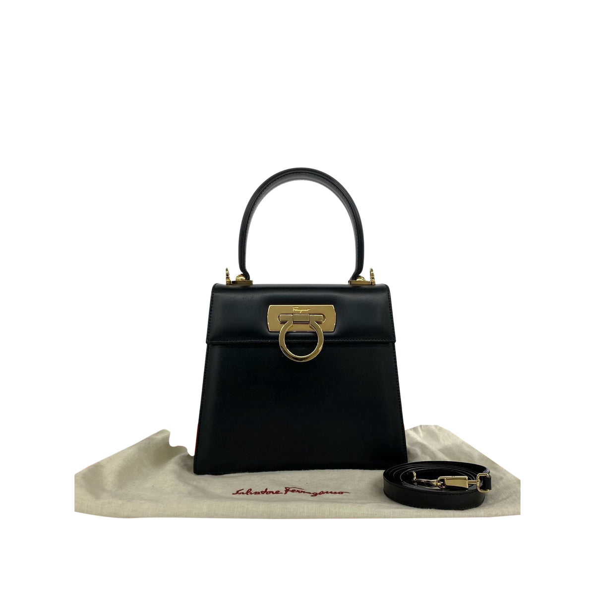 Ferragamo Small Leather Gancini Iconic Top Handle Bag — Black