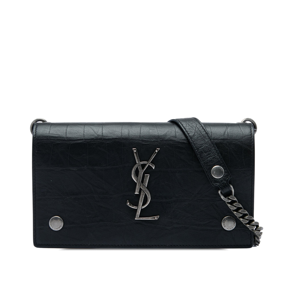 Saint Laurent Croc Embossed Leather Monogram Rider Wallet on Chain