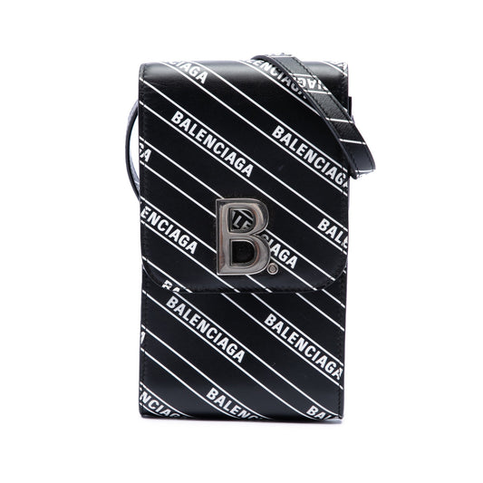 Balenciaga Calfskin Diagonal Allover Logo Print B Phone Holder Crossbody — Black