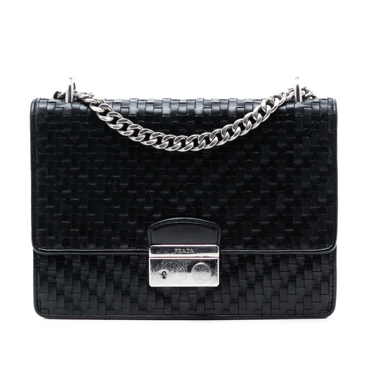 Woven Madras Leather Chain Flap Bag
