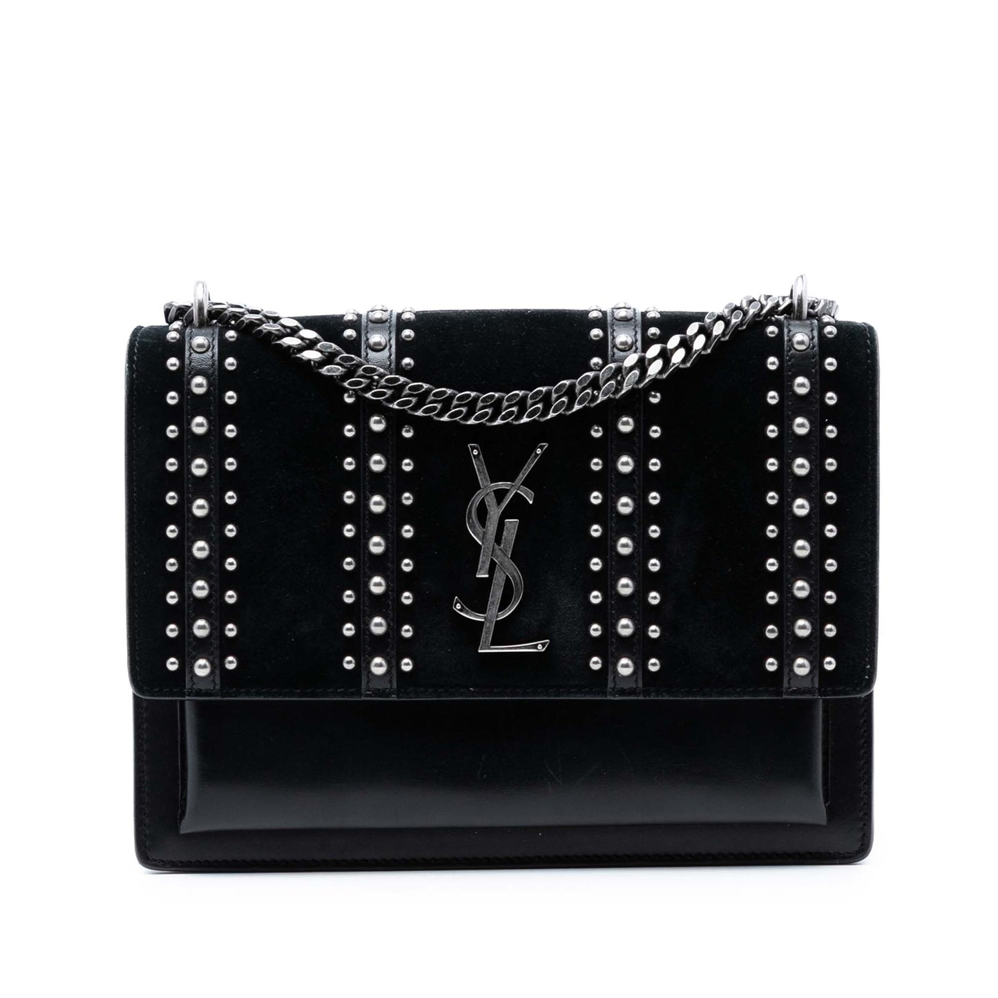 Saint Laurent Medium Studded Suede and Calfskin Monogram Sunset Crossbody