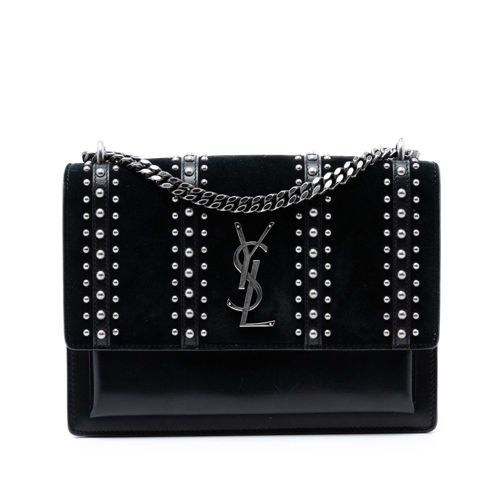 Saint Laurent Medium Studded Suede and Calfskin Monogram Sunset Crossbody