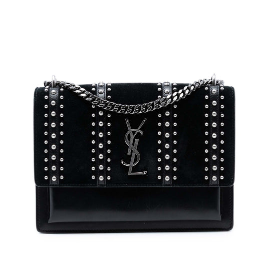 Saint Laurent Medium Studded Suede and Calfskin Monogram Sunset Crossbody