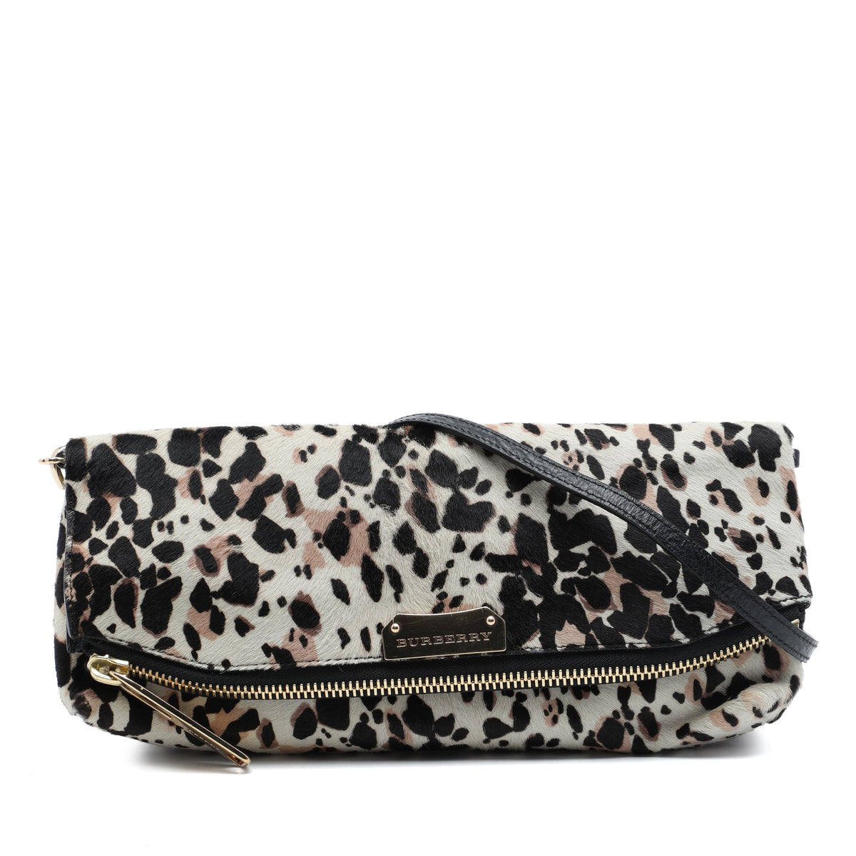 Burberry Leopard Printed Calf Hair Fold Over Clutch with Strap