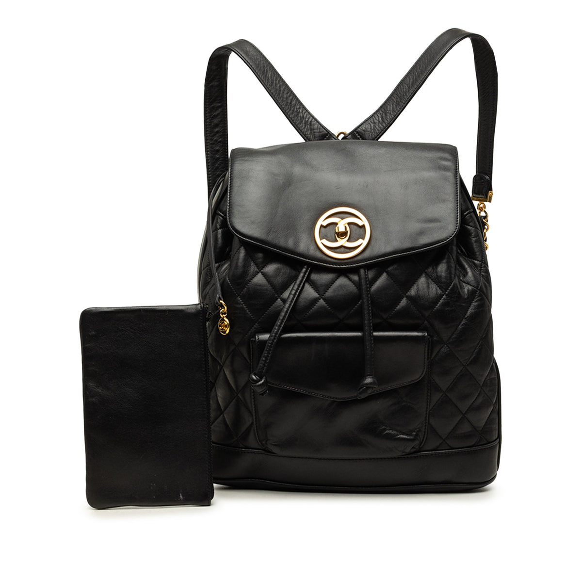 Chanel Large CC Quilted Lambskin Drawstring Backpack — Black