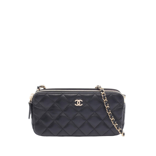 Chanel CC Quilted Lambskin Double Zip Clutch With Chain