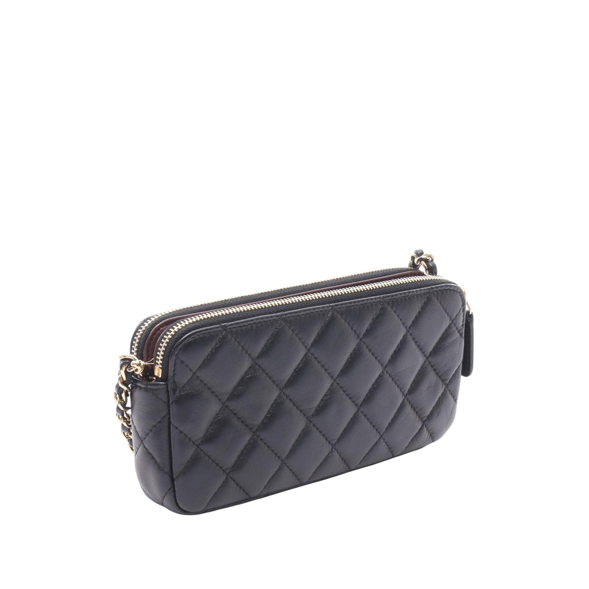 Chanel CC Quilted Lambskin Double Zip Clutch With Chain